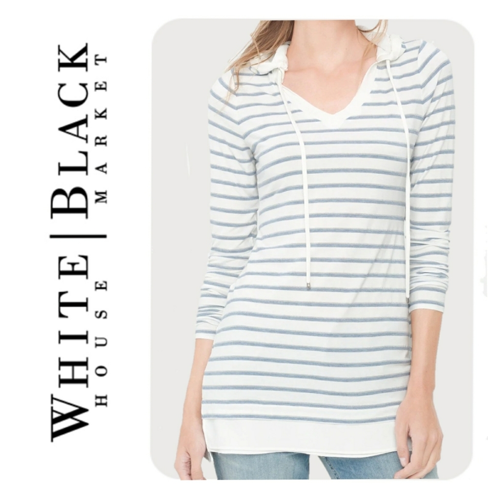 WHBM Striped Hooded Long Sleeve Top Blue & White